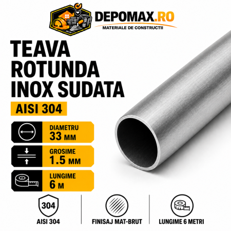 Teava rotunda inox sudata AISI 304, 33 x 1.5 mm, 6 metri